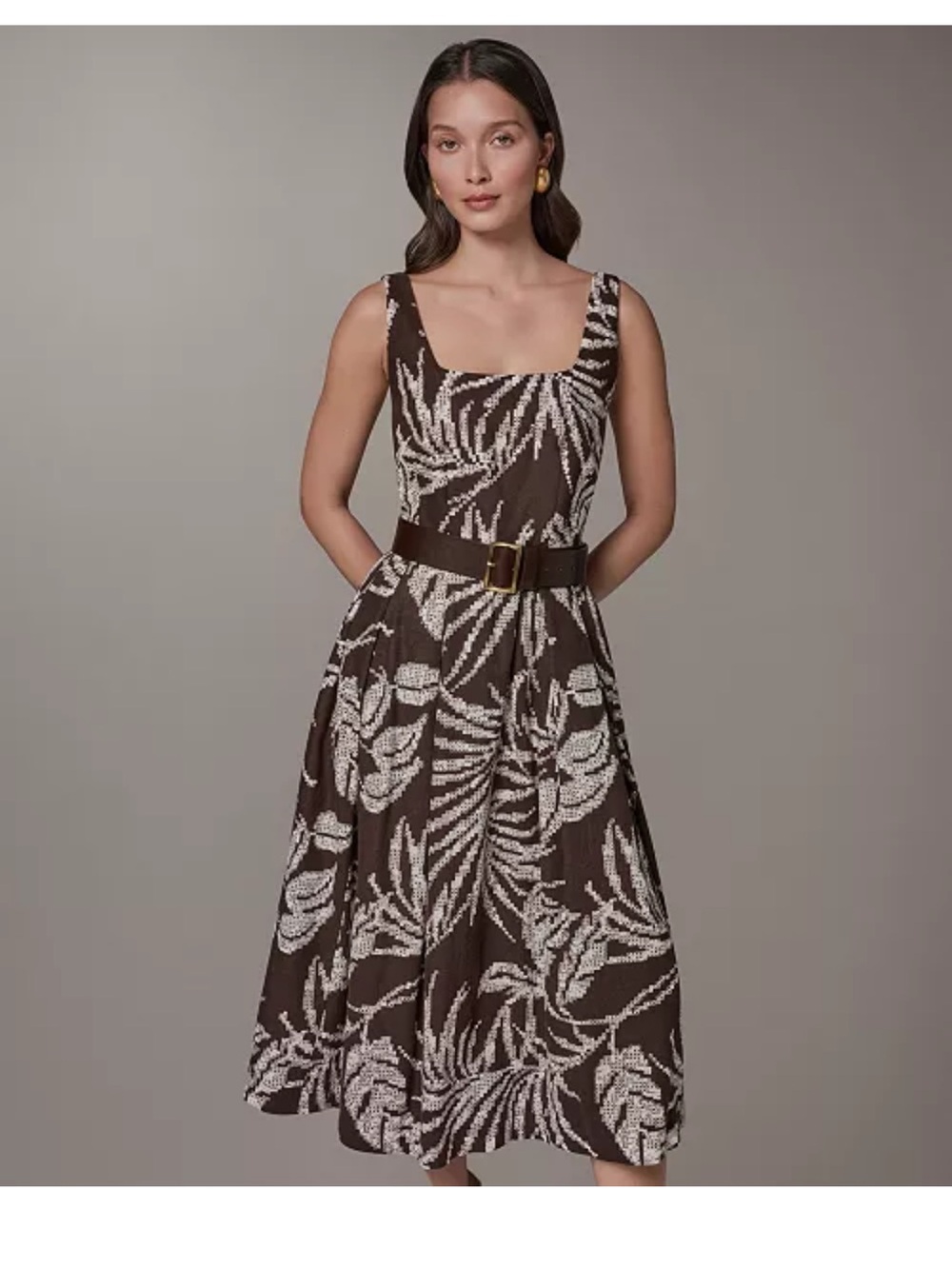 Donna Karan Brown and White Leaf-Print Midi Dress with Belt